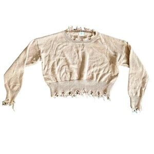{Luna Ivy} Distressed Edge Long Sleeve Crop Top Sweater